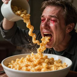 a stream of mac n' cheese flowing out of a man's mouth into a huge bowl. His eyes are red from crying. photograph.