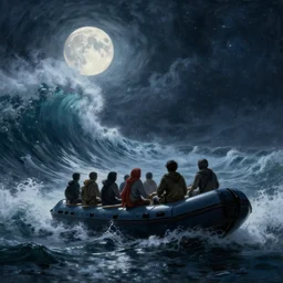 illegal immigrant group in inflatable boat sea big storm, moon, lovecraftian style, light, huge waves, starry night, by rembrandt and greg rutkowski, painting, volumetric light, uplight, illegal immigration, boat people