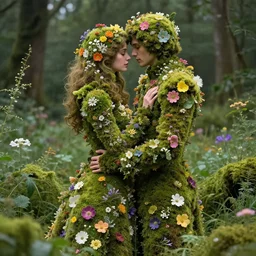 a couple made of moss and flowers in a romantic embrace. they are emerging from the undergrowth and clothed only in flowers and moss. beautiful high quality realistic fantasy art, trending on artstation by artgerm and greg rutkowski and alphonse mucha