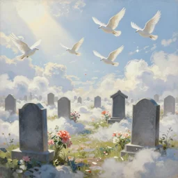 cemetery among the clouds with many tombstones next to flying white birds and falling flowers with bouquets in front of the tombstones, painting by ben enwonwu, sunny day, sunlight, bright, twinkling light, soft light, dreamy