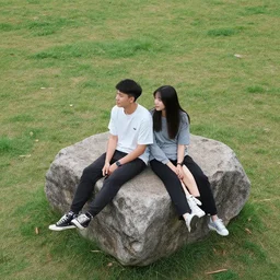 boyfriend and girlfriend sitting together on a large square rock,