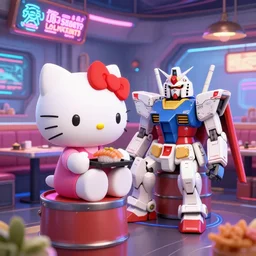 hello kitty and a white gundam eating sushi in a futuristic sushi restaurant while sitting on barrels, cyberpunk interior, futuristic, advertisement