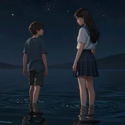 small boy walking behind androgynous teenager behind a cute woman standing on top of water looking down with curiosity into the dark abys with the stars above reflecting onto the water, trending on artstation, trending on deviantart, cinematic lighting, high detail, greg rutkowski, 8 k