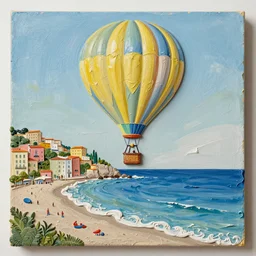 impasto relief painting of a hot air balloon, a beautiful italian beach scene, claire tabouret