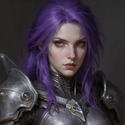 alexey gurylev, close up portrait, pale woman in sci - fi armor with purple hair, mysterious, deep focus, octopath traveler, complex, elegant, highly detailed, digital painting, artstation, concept art, matte, clear focus, illustration, hearthstone, artgerm art, greg rutkovsky and alphonse mucha