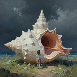 atmospheric painting of a giant seashell house, a young girl stands outside, by moebius and john harris, atmospheric, concept art, saturation 20