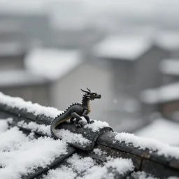 award winning photo by saul leiter of a tiny dragon standing on the roof, tiny gaussian blur, insanely detailed, insanely intricate, depth of field, low contrast, snowy, wide aperture