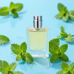 centered bright perfume bottle standing in clear blue rippling water surrounded by a plethora of mint leaves and roses, with white crisp zen mountain background, illumination lighting, sharp focus, surreal photography, vogue, hartper's bazaar, sephora,