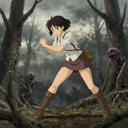 clementine from the walking dead killing a zombie, dead forest, dynamic pose, grey cloudy weather, in illustration concept art lotr anime key visual fine detail features gapmoe kuudere trending pixiv by victo ngai fanbox by greg rutkowski makoto shinkai takashi takeuchi studio ghibli