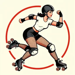 1950s logo of a roller derby girl doing Cross-Over, wearing skate helmet, knee pads, elbow pads, fishnet tights, showing off biceps, illustration by greg rutkowski and mcbess, 1950s