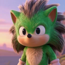 green anthropomorphic hedgehog by Pixar,Disney movie, cinematic shot,in the style of Pixar, shallow depth of focus,very detailed closeup of fur texture at Magic Hour