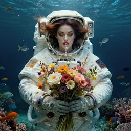 portrait of a beautiful mysterious female astronaut holding a bouquet of flowing flowers, small bubbles from her mouth, hands hidden under the bouquet, submerged underwater filled with colorful small fish and coral reef, fantasy, regal, intricate, by stanley artgerm lau, greg rutkowski, thomas kinkade, alphonse mucha, loish, norman rockwell