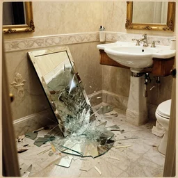 a 1 9 5 0 s newspaper photo of a lavish bathroom. the mirror is shattered on the floor, shards of glass