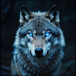 an analog photograph of a cybertronic wolf with glowing blue eyes, by dan mumford and sandra chevrier, 4 k - w 1 0 2 4