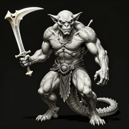 dog-faced muscular goblin, ugly face, lizard tail, holding scimitar made of bone, hyper-detailed, drawn by Frank Frazetta