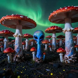 beautiful red and blue alien mushroom forest, green sky, black ground with little yellow dots