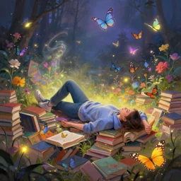 distant full long wide view shot. woman in a hoodie, jean pants, sneakers, laid down on a pile of books. butterflies, flowers, fireflies, spirits, illusions, digital painting, detailed, colorful aura, 8 k, trending on artstation, smooth, sharp focus artwork by mark arian, artgerm, mark keathley, greg rutkowski