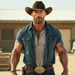 a film still of Dwayne Johnson as beard cowboy