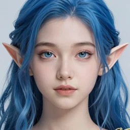 centered detailed portrait of a extremely beautiful young girl and elves hybrid, low angle, symmetrical, long wavy blue hair, sharp focus on the eyes, highly detailed, final fantasy, intricate, octane render, smooth face, illustration, hyperrealistic, by dmitry prozorov, wlop