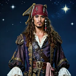 portrait of a pirate king of night and falling stars, ornate fashion, male fashion design, swashbuckling, beautiful, hyperreal, intricate, royally decorated, male character, realistic proportions, handsome chinese man art nouveau