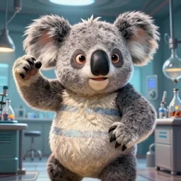 a koala with the colors of a panda An epic fantasy comic book style portrait painting of a man in a laboratory, very expressive, really short dark gray hairs,  round face, wearing a shirt with horizontal stripes, awesome pose, character design by Mark Ryden and Pixar and Hayao Miyazaki, unreal 5, DAZ, hyperrealistic, octane render, cosplay, RPG portrait, dynamic lighting, intricate detail, summer vibrancy, cinematic
