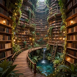 professional digital art of an infinite library in outer space with wooden bridges, fancy library, cozy, lanterns, fairy lights, nature, plants, vines, bridges, ladders, pond, trickling water, fantasy, high quality, hd, 4 k, 8 k
