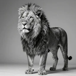 rare classified photo, black & white, studio lighting, a fat standing lion, horns, real fur, real skin
