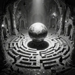 black and white one point perspective labyrinth dungeon cozy fantasy dungeon boss encounter view with gigantic orb in the middle of the room by artgerm and Craig Mullins, James Jean, Andrey Ryabovichev, Mark Simonetti and Peter Morbacher 16k