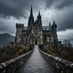 “dslr photograph, realistic, gothic castle on mountain top, with stone bridge leading to a mountain pass, stormy weather”