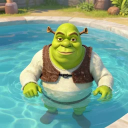shrek in a swimming pool