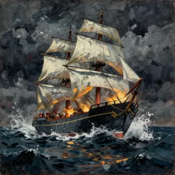 large ship being tossed about in a fiery storm in the sea, dark, low light, terrifying, beautiful, picasso painting
