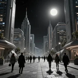 people on the streets on a grey rock planet city, black sky full of stars, blinding sun, Neo Norilsk, Neo Kyiv, sci-fi, cyberpunk outfits, photorealistic, intricate, very very beautiful, elegant, smooth, photorealistic, cinematic, Unreal Engine 5, by Beeple, trending on Behance