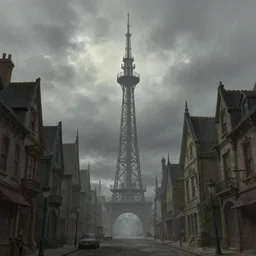 A street-level view of a gloomy fantasy Victorian-era town, single-point perspective centered on a single tall, foreboding radio tower with cast-iron walkways, muted colors cloudy weather, detailed digital rational painting art by Greg Rutkowski, magic fantasy highly detailed, digital concept art, sharp focus, realistic concept art by Stephen Hickman and James Gurney and Hiromasa Ogura Ghost in the Shell rendered in Octane Render, From a distance