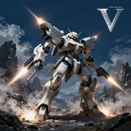 armored core v by liam wong, fromsoftware, booster flares, legs, laser rifles, smoke, karst landscape, ; wide shot, dark blue sky, cloud, wilderness ground, ; digital painting, high contrast, dynamic backlighting, sharp edge, motion blur, photoreal,