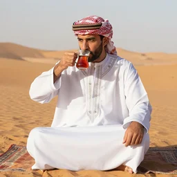 eric zemmour drinking tea in the desert wearing a djellabah