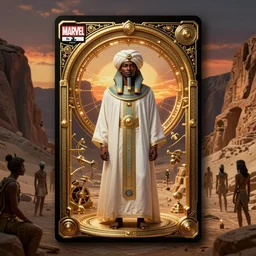 symmetry!! an african moor wearing white robes and turban in the valley of the kings at sunset, ornate golden steampunk stargate, front game card, marvel comics, dark, intricate, highly detailed, smooth, artstation, digital illustration by ruan jia and mandy jurgens and artgerm and wayne barlowe and greg rutkowski and zdislaw beksinski.