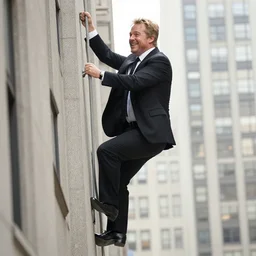 Clean-shaven Jon Favreau as Happy Hogan wearing a black suit and black necktie and black dress shoes is climbing up a tall building in an urban city.