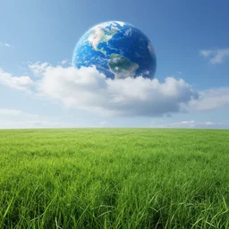 green grassfield with a blue planet in clouds above it, cinematic perspective, daylight, blue sky, detailed, 4k, Artstation