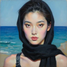 photorealism oil painting, portrait of cyborg fashion model with beautiful eyes, black scarf, ocean background mixed with generative art from artblock, in style of classicism mixed with 8 0 s japanese sci - fi books art