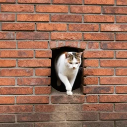 a cat jumping into a very small hole in a brick wall