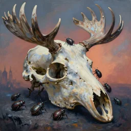 painting of otherworldly bugs crawling through the cavities of a giant moose skull, by zdzislaw beksinski, by dariusz zawadzki, by john jude palencar, gothic, surrealism, cosmic horror, lovecraftian, biomorphic, cold hue's, warm tone gradient background, concept art, beautiful composition