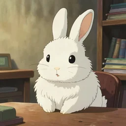 a cute fluffy rabbit sitting at a desk, beautiful lighting, in the style of studio ghibli, artwork by Hayao Miyazaki and Isao Takahata, highly detailed, 8K, smooth, cinematic, vibrant colors, trending on artstation, japanese animation, stunning artistry and soaring imagination