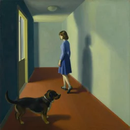 a painting of a girl walking in a hallway and suddenly finds a giant dog on the floor blocking her way, a highly detailed edward hopper painting, by adrian ghenie and gerhard richter. art by remedios varo. masterpiece, flat surreal design with deep colours. 8 k. artstation