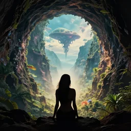 silhouette of a sexy woman sitting looking at hanalei in kauai, a portal appears out of nowhere, inside the portal is a gateway to an alien world, visually stunning, ravishing, divine, creative, by james jean, ruan jia, ilya kuvshinov, martine johanna, jakub rebelka