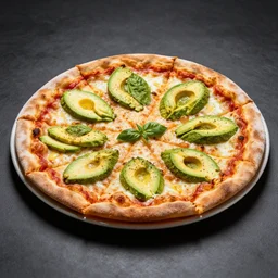 an avocado pizza, photo realistic, photo studio, professional photo, professional lighting, trending on artstation, HDR