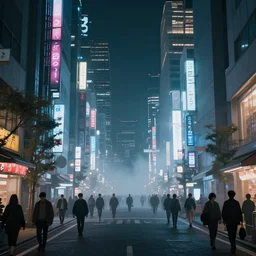 cyberpunk city at night with people in the street, foggy, by feng zhu, concept art, Tokyo, detailed, hyper realistic, unreal engine, cgsociety, artstation,