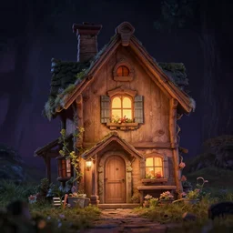 little house by Tim Burton, dark background, volumetric lighting