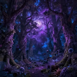 a beautiful ultradetailed cosmic landscape of a magical forest, wallpaper, purple, blue, highly detailed, trending on artstation.