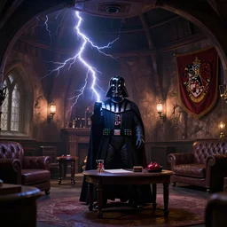 hogwarts gryffindor common room, darth vader is blasting lightning, film still