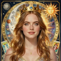 emma stone portrait by louis - theophile hingre and alphonse mucha, hyperrealistic, sharp focus, zodiac signs, tarot cards, planets, ethereal, art nouveau, magic, moon, sun, crown, dreamy